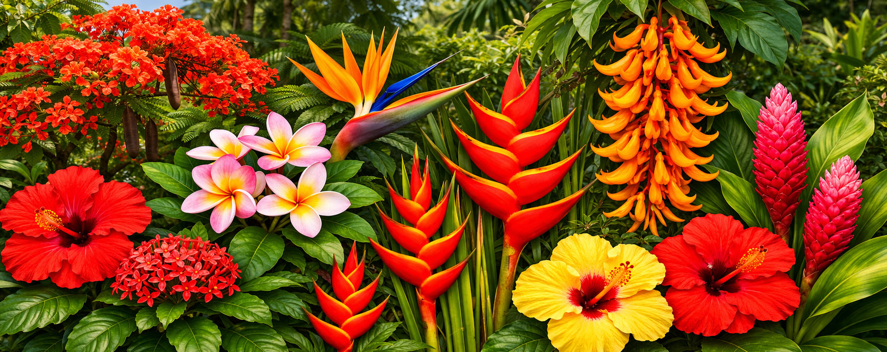 Tropische Pflanzen, bl&uuml;hende B&auml;ume und Str&auml;ucher